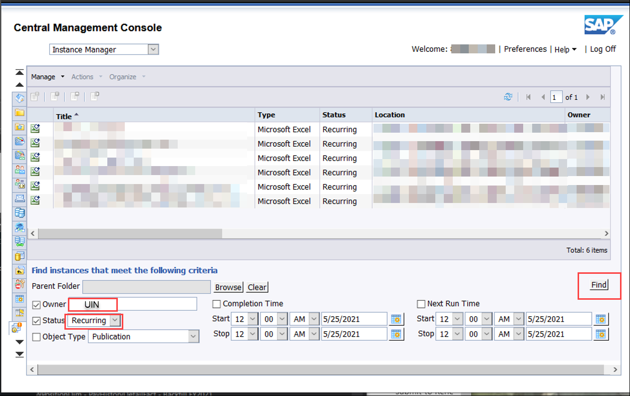 user inter face with "Find" "UIN" and "Recurring" highlighted