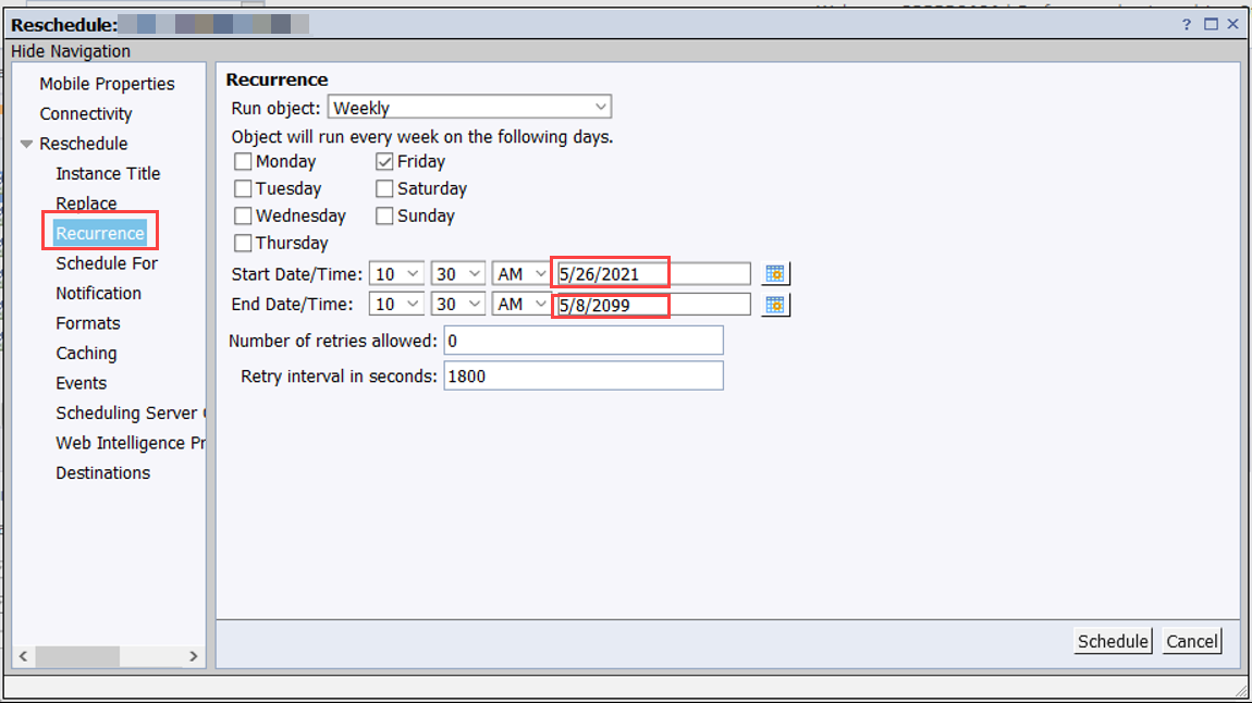 user interface with "Recurrence" and dates highlighted