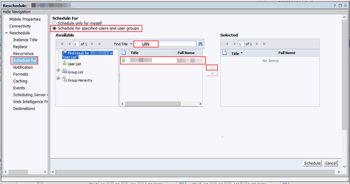 options under "schedule for"