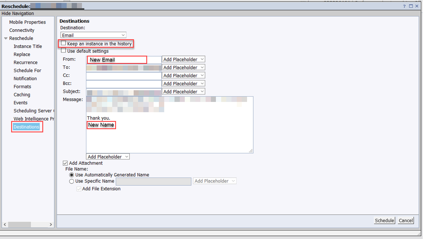 "Destination" window dialog