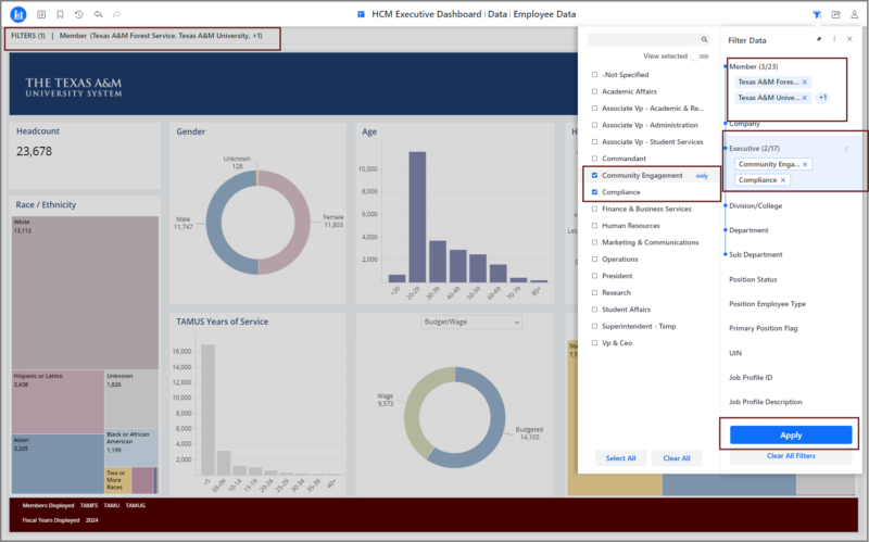 Open dashboard showing the Filter Panel and the Filter Ribbon