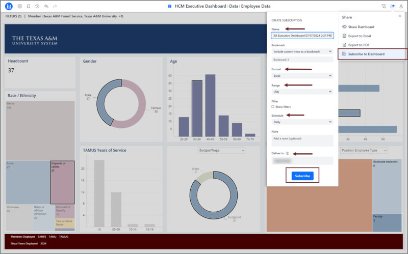 Open dashboard showing how to create a dashboard subscription
