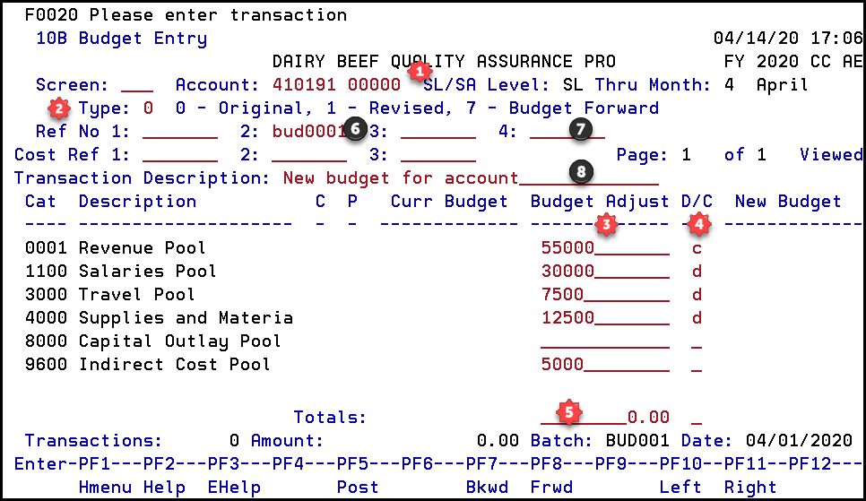 Screen 010B Budget Entry