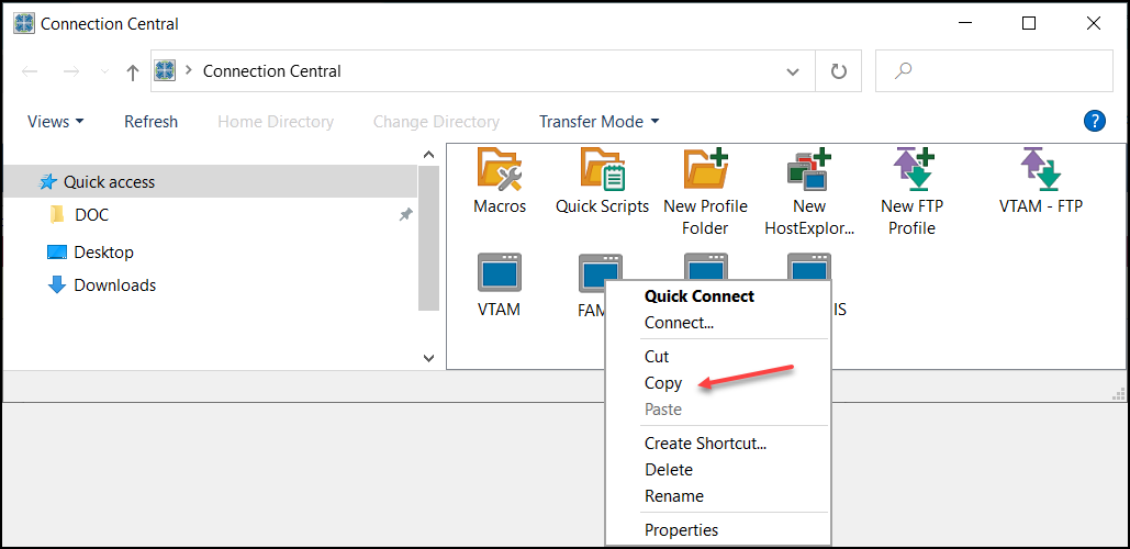 Screen capture of Connection Central window with Copy command highlighted