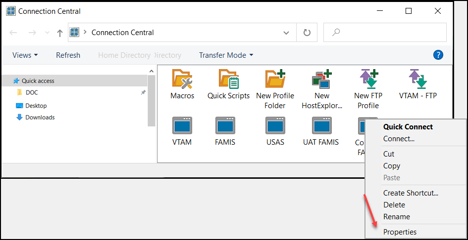 Screen capture of Connection Central profile with Properties selection highlighted