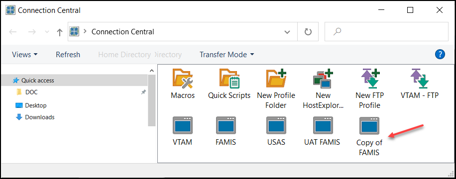 Screen capture of Connection Central window with pasted profile icon highlighted