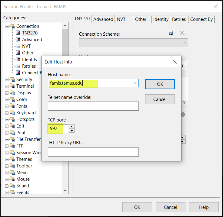 Screen capture of connection profile host information editing with host name and TCP port highlighted