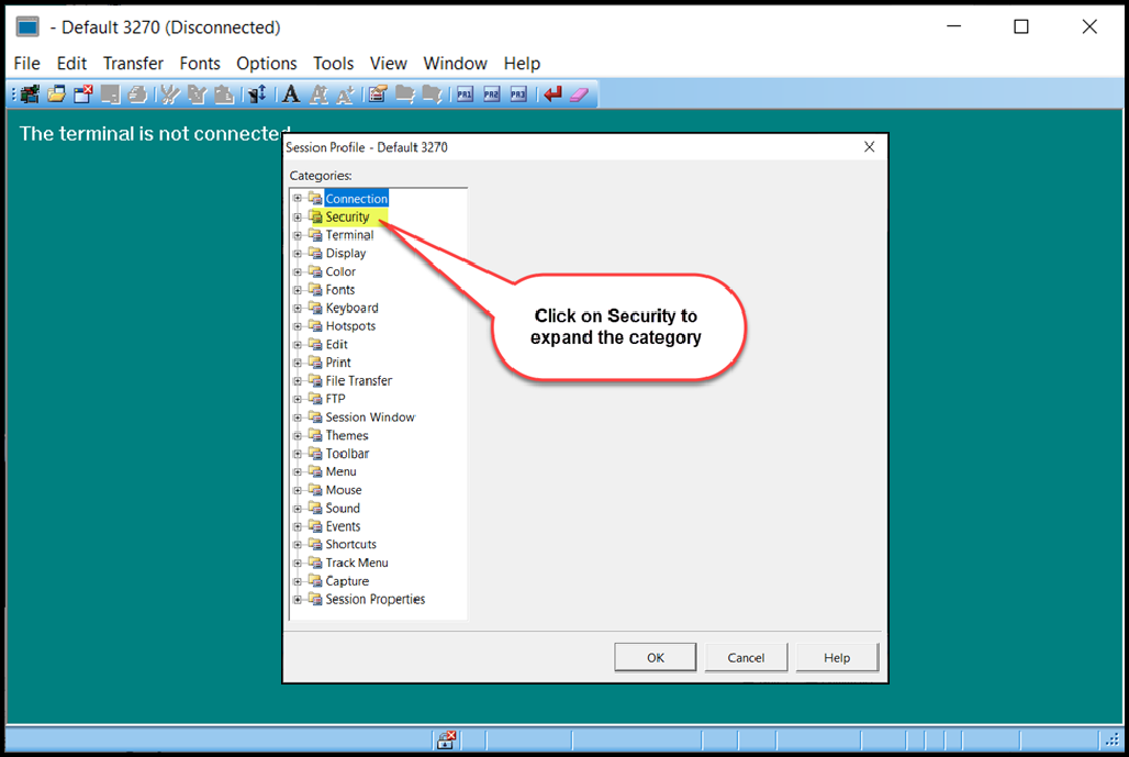 Screen capture of Session Profile screen with Security options highlighted