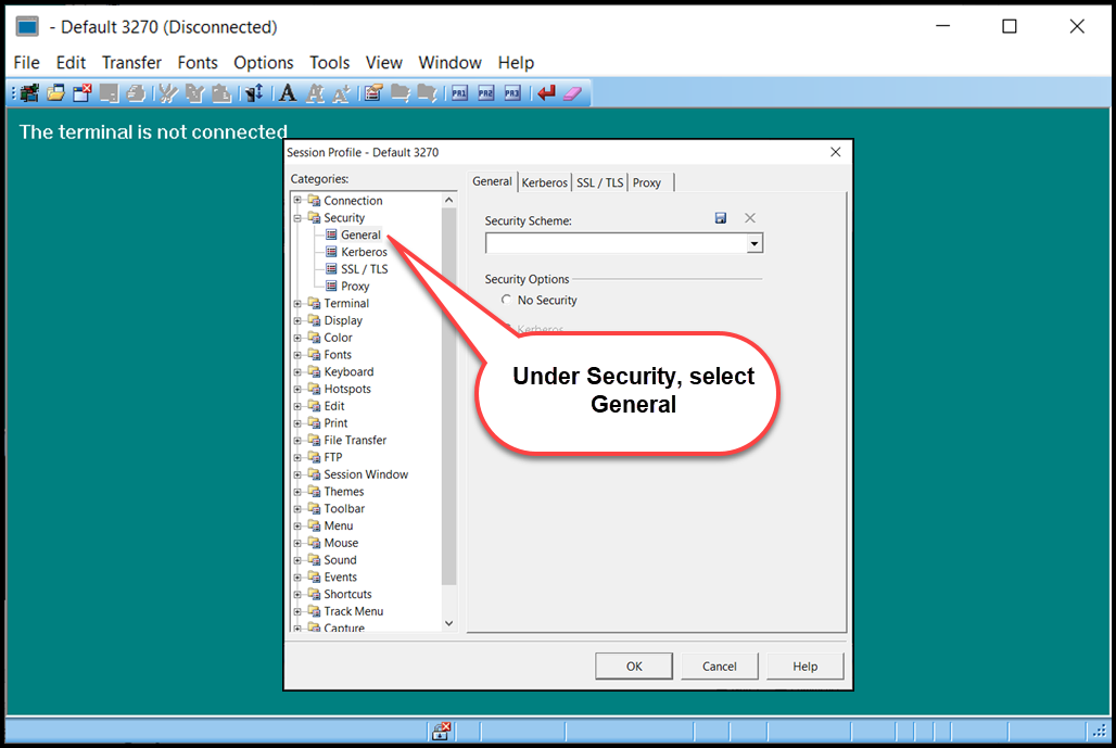 Screen capture of Session Profile window with General options highlighted