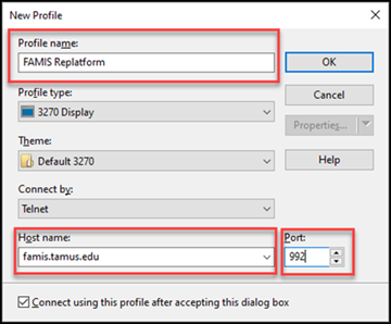 Screen capture of Connection Central New Profile window with host name and port number highlighted