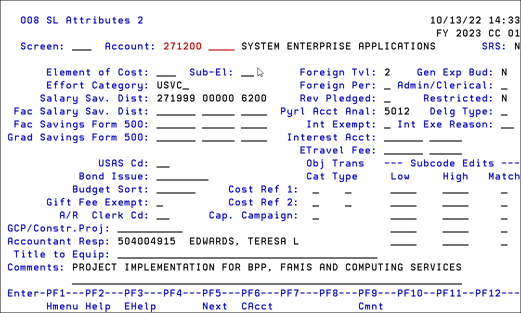Screen shot of Screen 008 (SL Attributes 2)