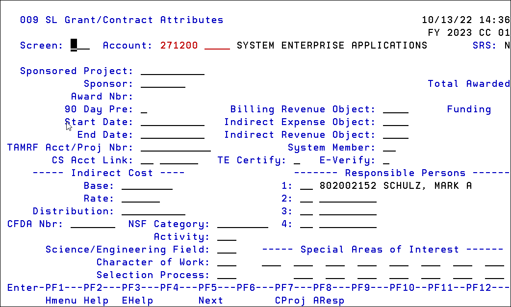 Screen shot of Screen 009 (SL Grant/Contract Attributes)