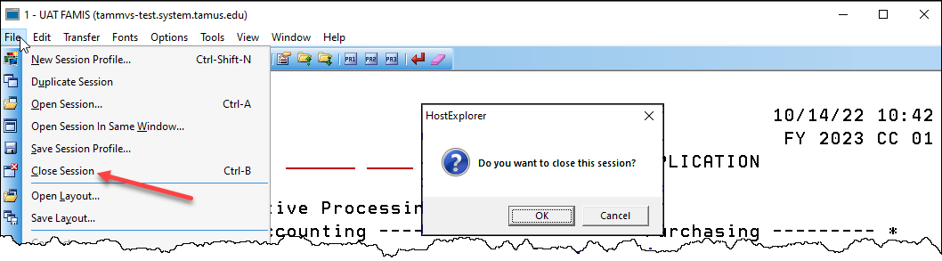 Screen capture of FAMIS session window with Close Session command and HostExplorer session close window