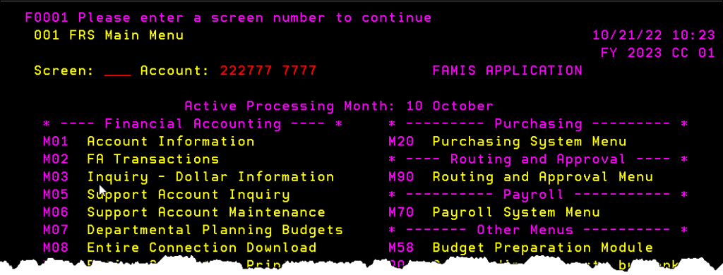 Screen capture of FAMIS main menu screen with blue/green colorblind color settings