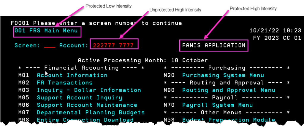 Screen capture of FAMIS main menu screen with text field categories highlighted