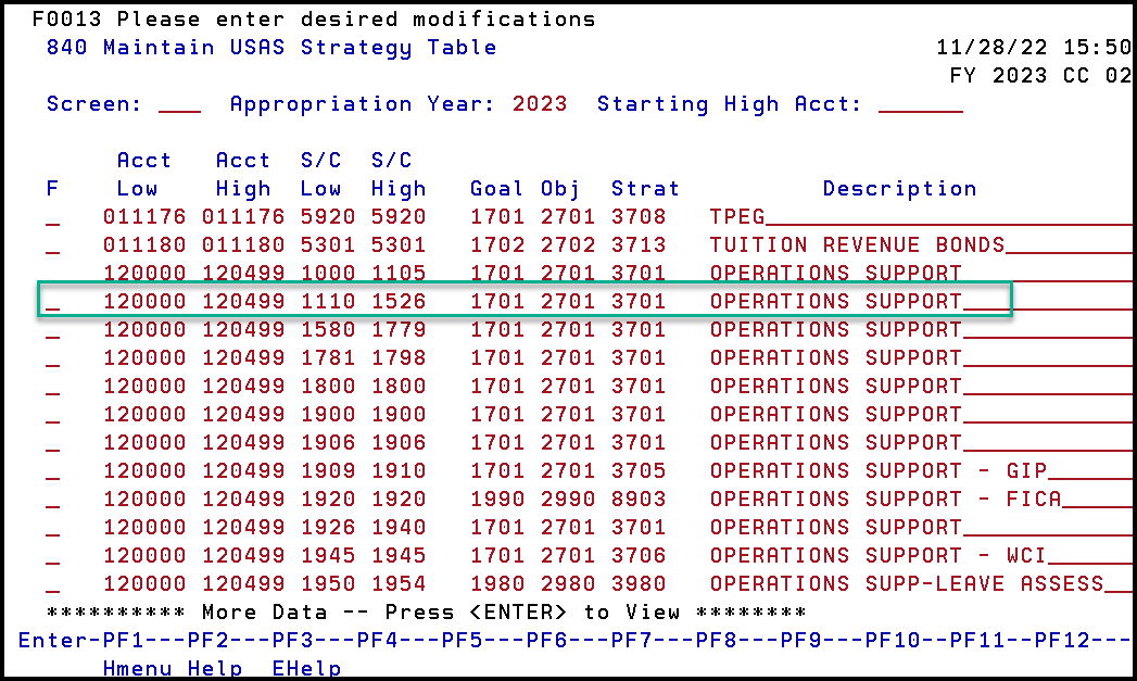 Screen capture of FAMIS Screen 840, Maintain USAS Strategy Table, with item highlighted
