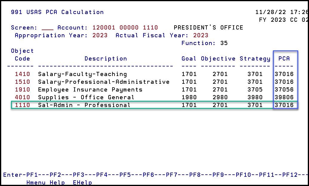 Screen capture of FAMIS Screen 991, USAS PCA Calculation, with Salaries strategy and PCA column hightlighted