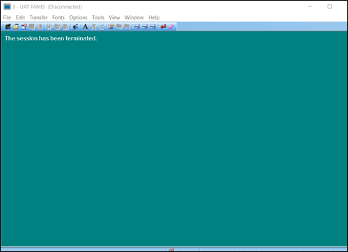 Screen capture of FAMIS session window with Session Terminated message