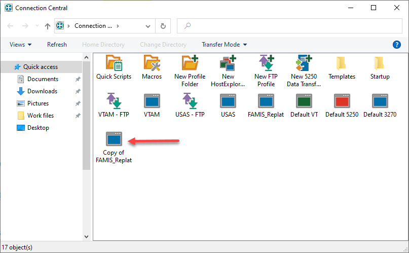 Screen capture of Connection Central window with copied connection profile icon highlighted