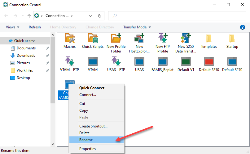 Screen capture of Connection Central window with profile rename option highlighted