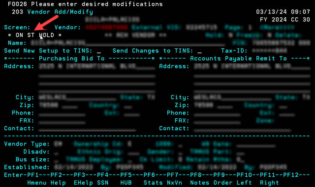 Screen capture of FAMIS Screen 203 Vendor Add/Modify showing that the vendor is on State hold
