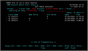 Account Audit Trail Inquiry screen