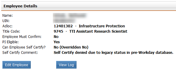 Employee Details dialog showing Self Certification setting