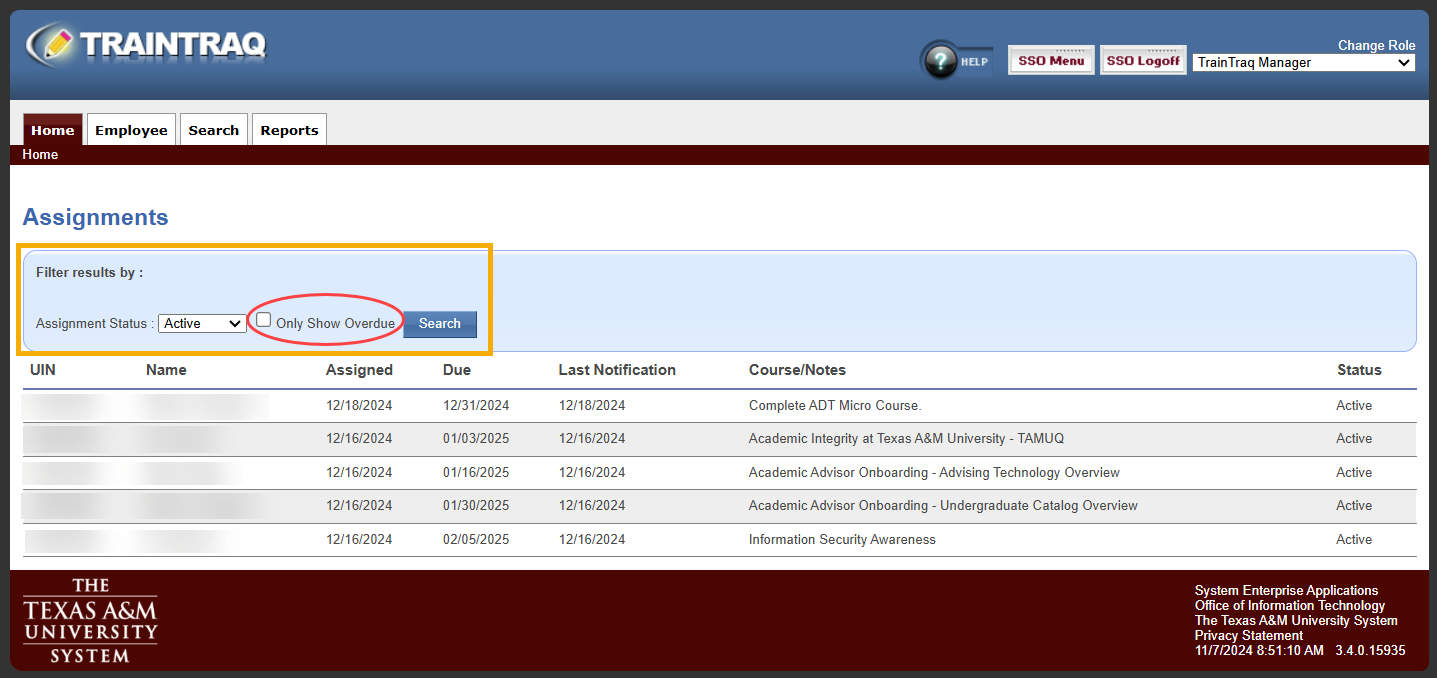 TrainTraq Manager role Home tab with Filter results by section highlighted and Only Show Overdue checkbox circled in red to show that it has been unchecked. The assignment list shows all employees' current assignments.