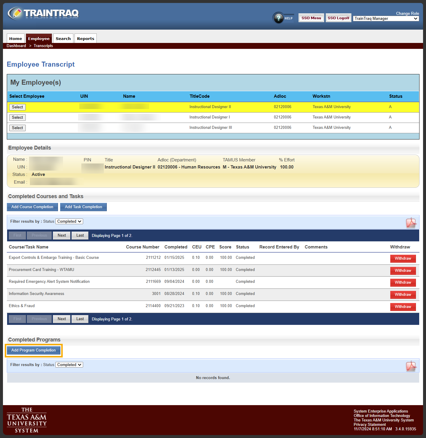 Manager view of the Employee Transcript page with the Add Program Completion button highlighted.