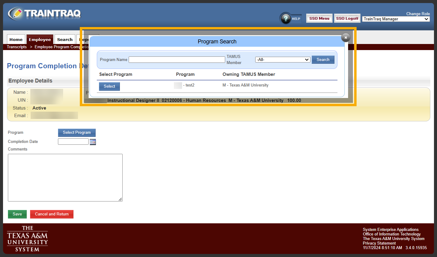 Manager view of the pop-up that appears after clicking the Select Program button.