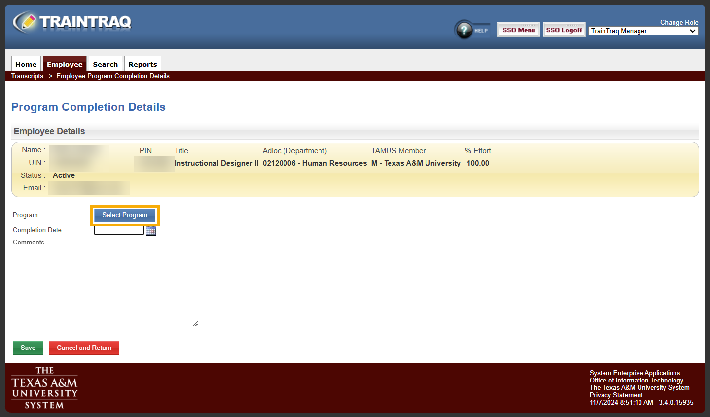 Manager view of the Program Completion Details page with the Select Program button highlighted.
