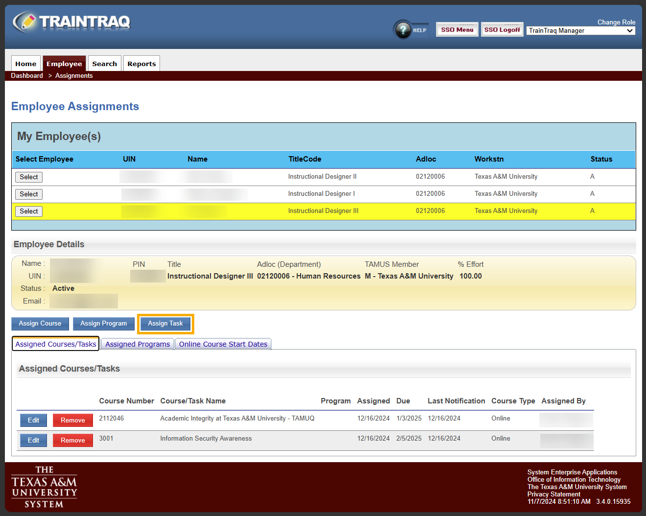 The Employee Assignments page with the Assign Task button highlighted.