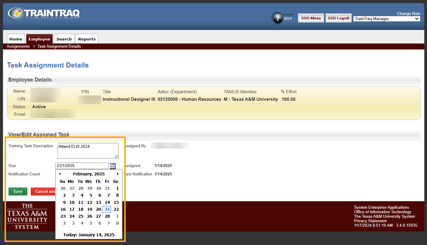 The Task Assignment Details page with the Train Task Description and Due field, with drop-down calendar showing, highlighted.