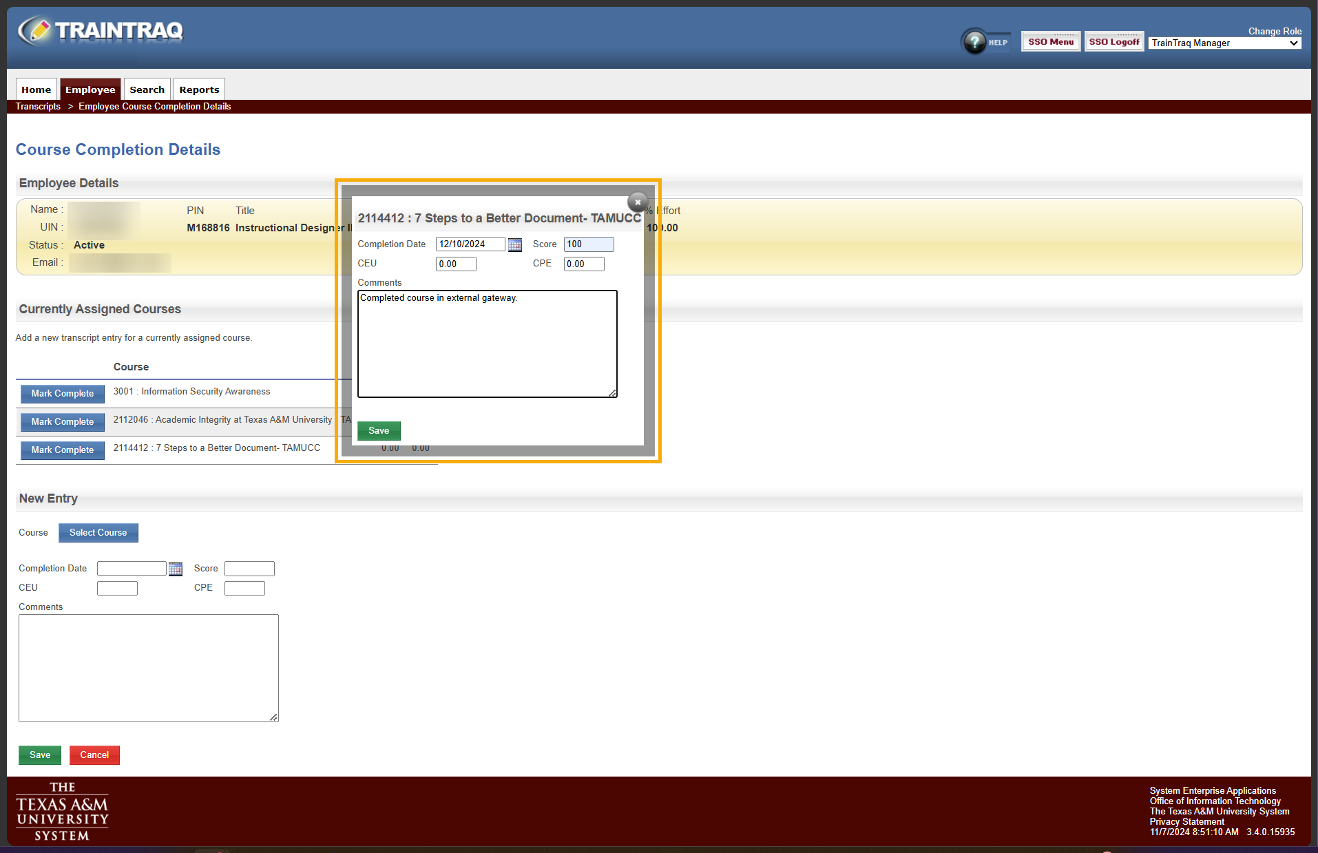 Manager view of the Course Completion Details page showing the pop-up that appears after clicking the Mark Complete button.