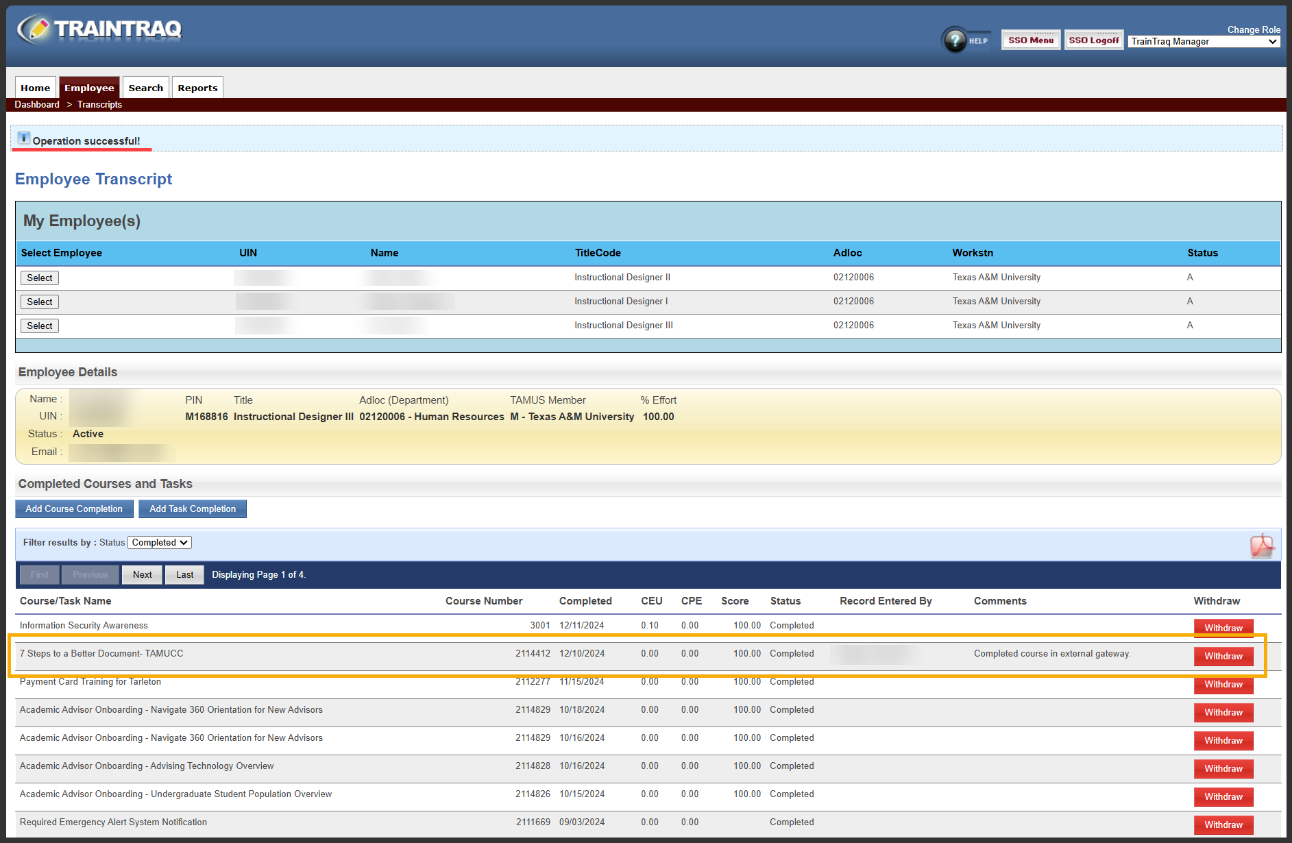 Manager view of the Employee Transcript page showing the updated course and Operation successful message highlighted.