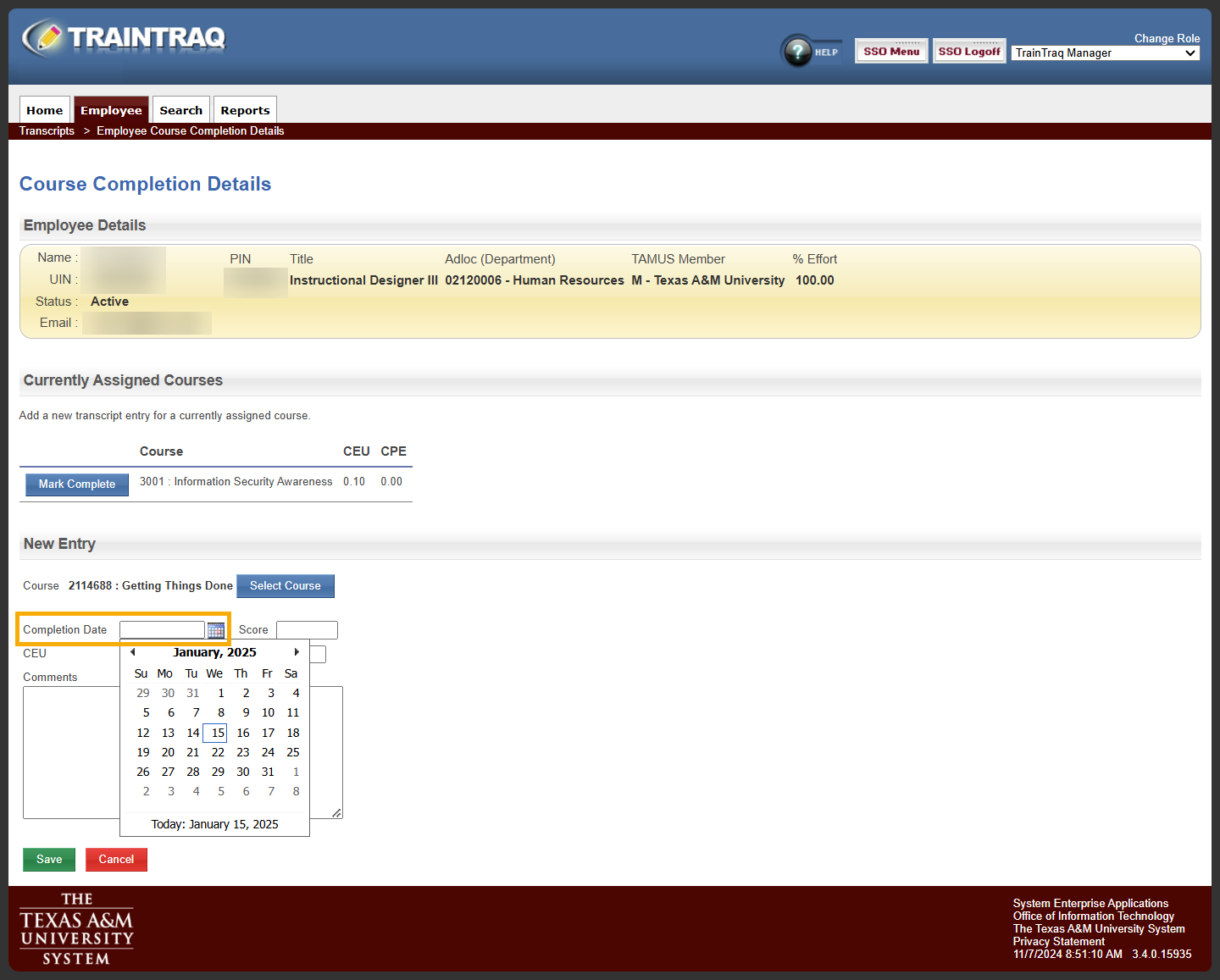 Manager view of the Course Completion Details page with the Completion Date field in the New Entry section highlighted.