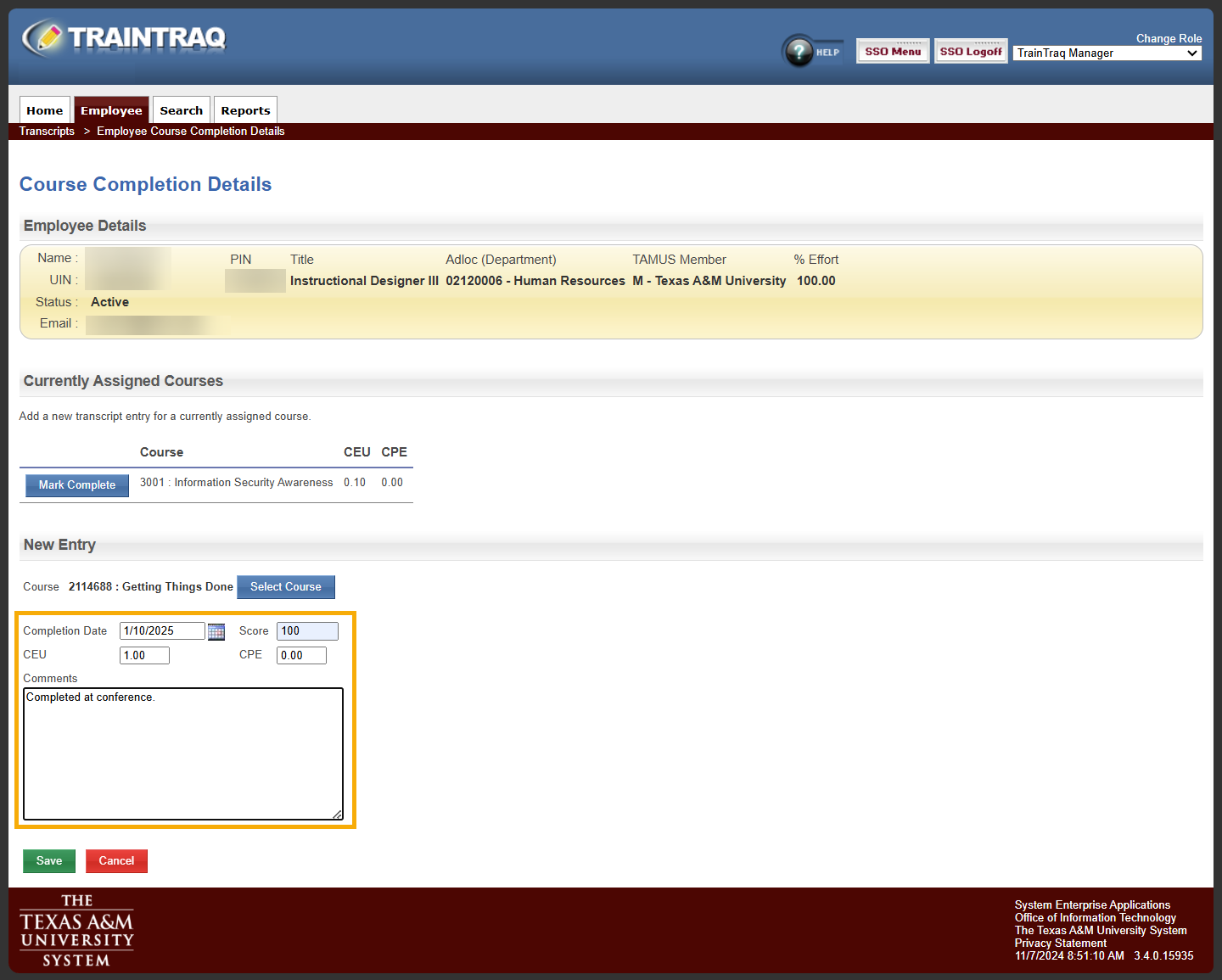 Manager view of the Course Completion Details page showing the Completion Date, Score, CEU, CPE, and Comments fields highlighted and completed.