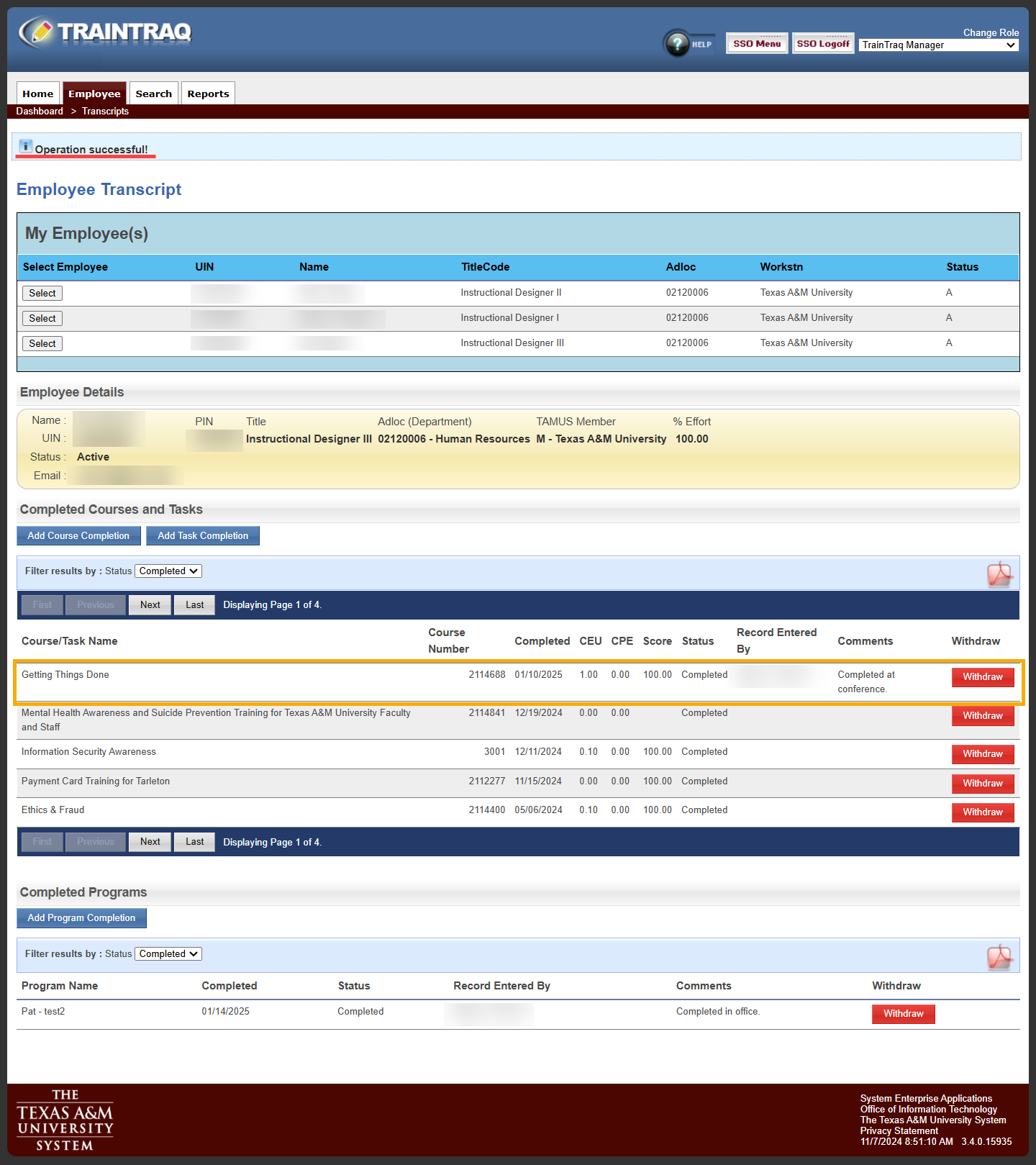 Manager view of the Employee Transcript page with the new course marked complete and the Operation successful message highlighted.