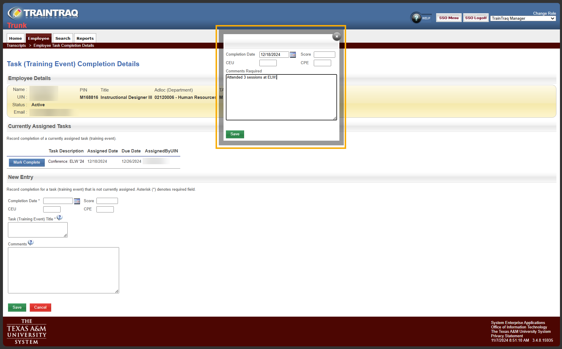 Manager view of the pop-up that appears after clicking the Mark Complete button.