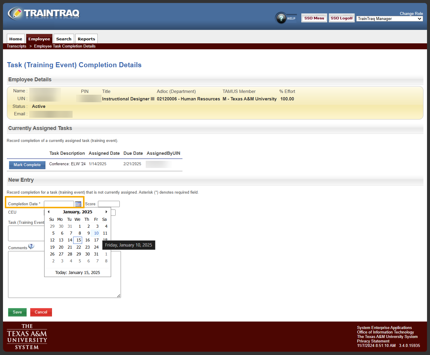 Manager view of the Task (Training Event) Completion Details page with the Completion Date field highlighted and the drop-down calendar showing.