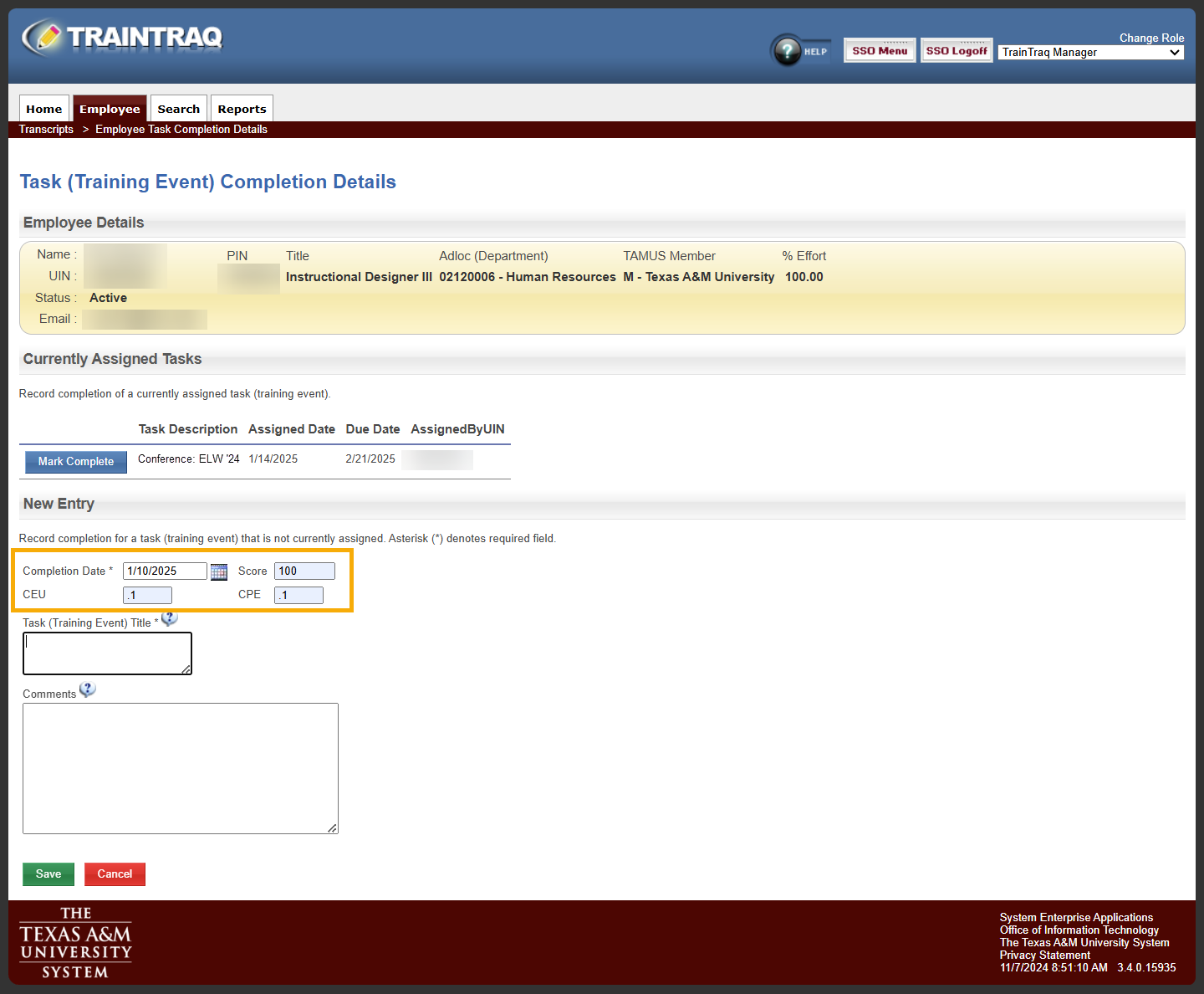 Manager view of the Task (Training Even) Completion Details page with the Score, CEU, and CPE fields highlighted.