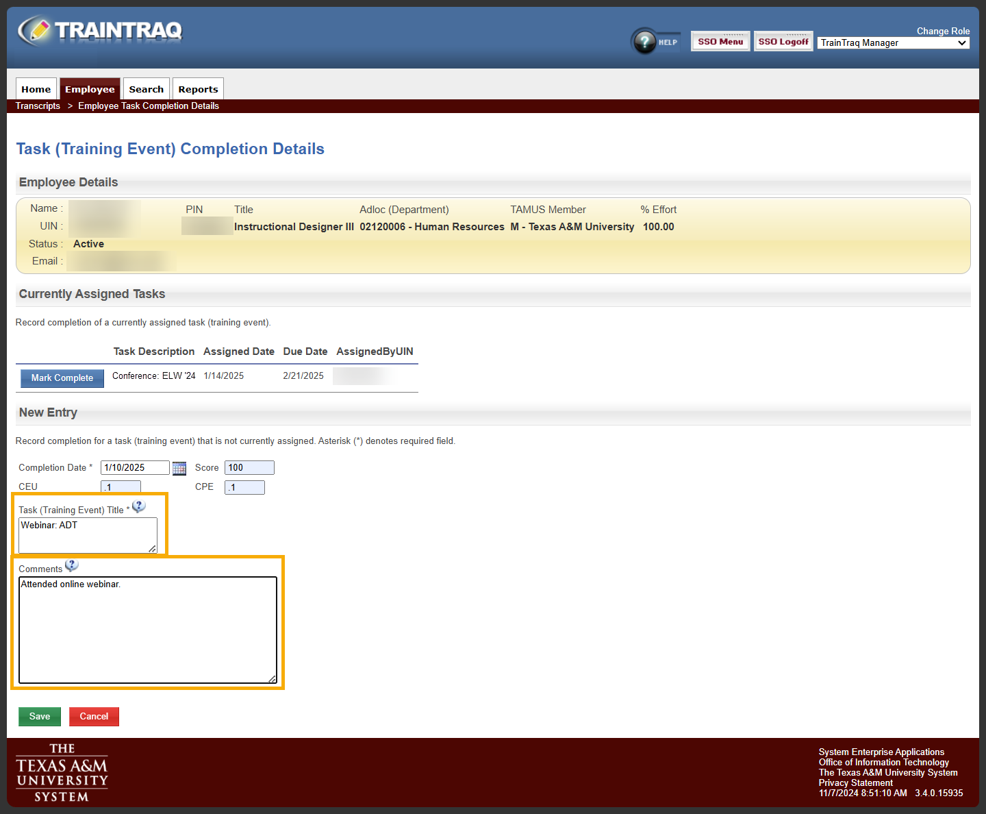 Manager view of the Task (Training Event) Completion Details page with the Task (Training Event) Title and Comments fields highlighted.