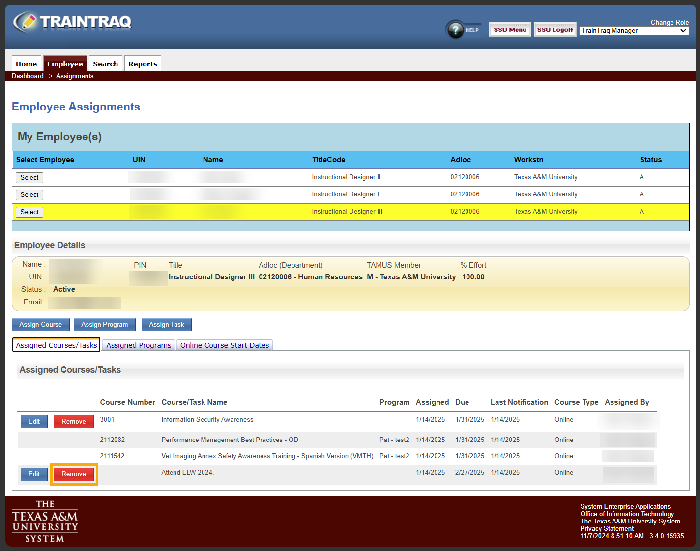 The Employee Assignments page showing all current assigned tasks for the selected employee with the Remove button next to one task highlighted.