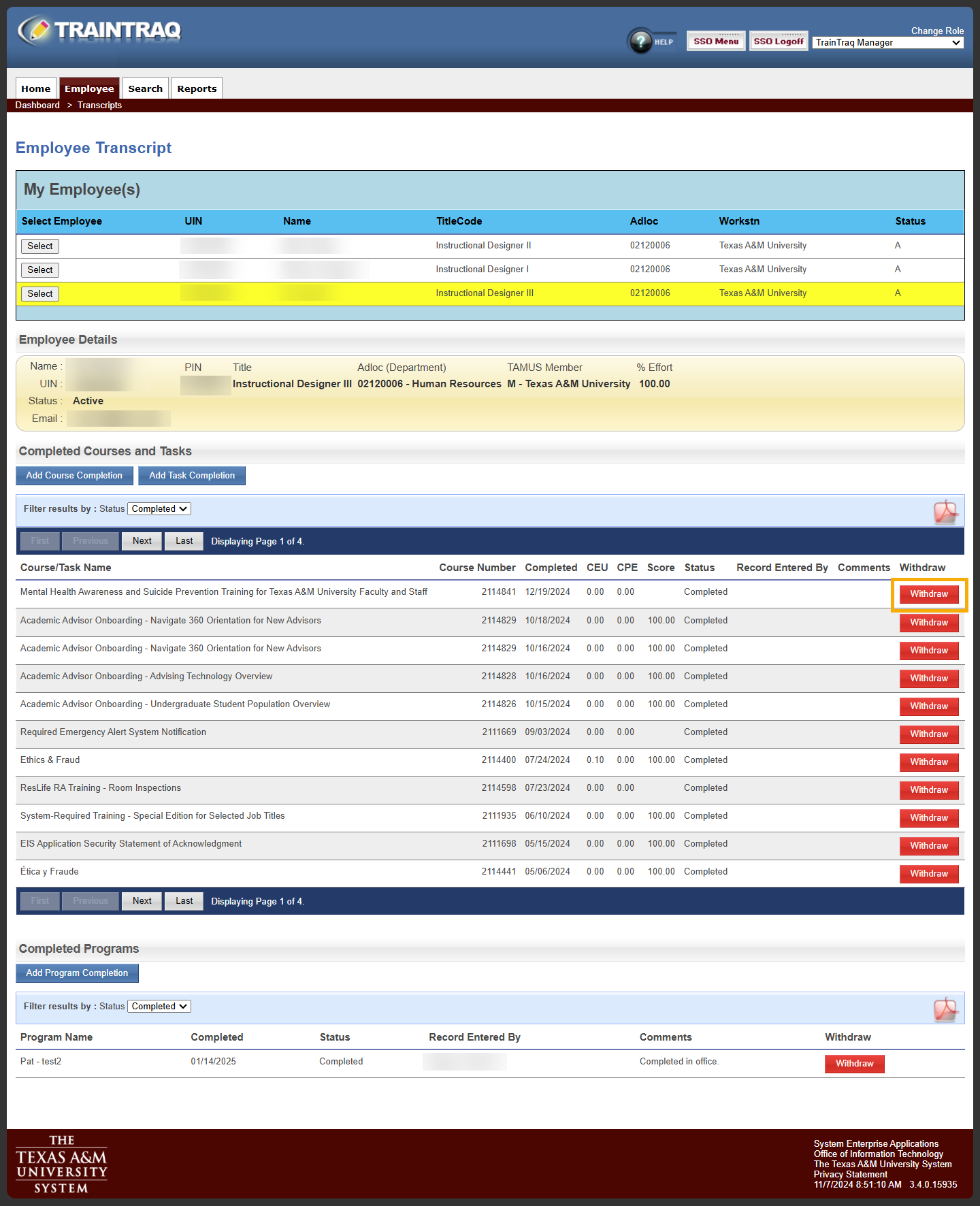 Manager view of the Employee Transcript page with the Withdraw button next to one of the courses in the Completed Courses and Tasks section highlighted.