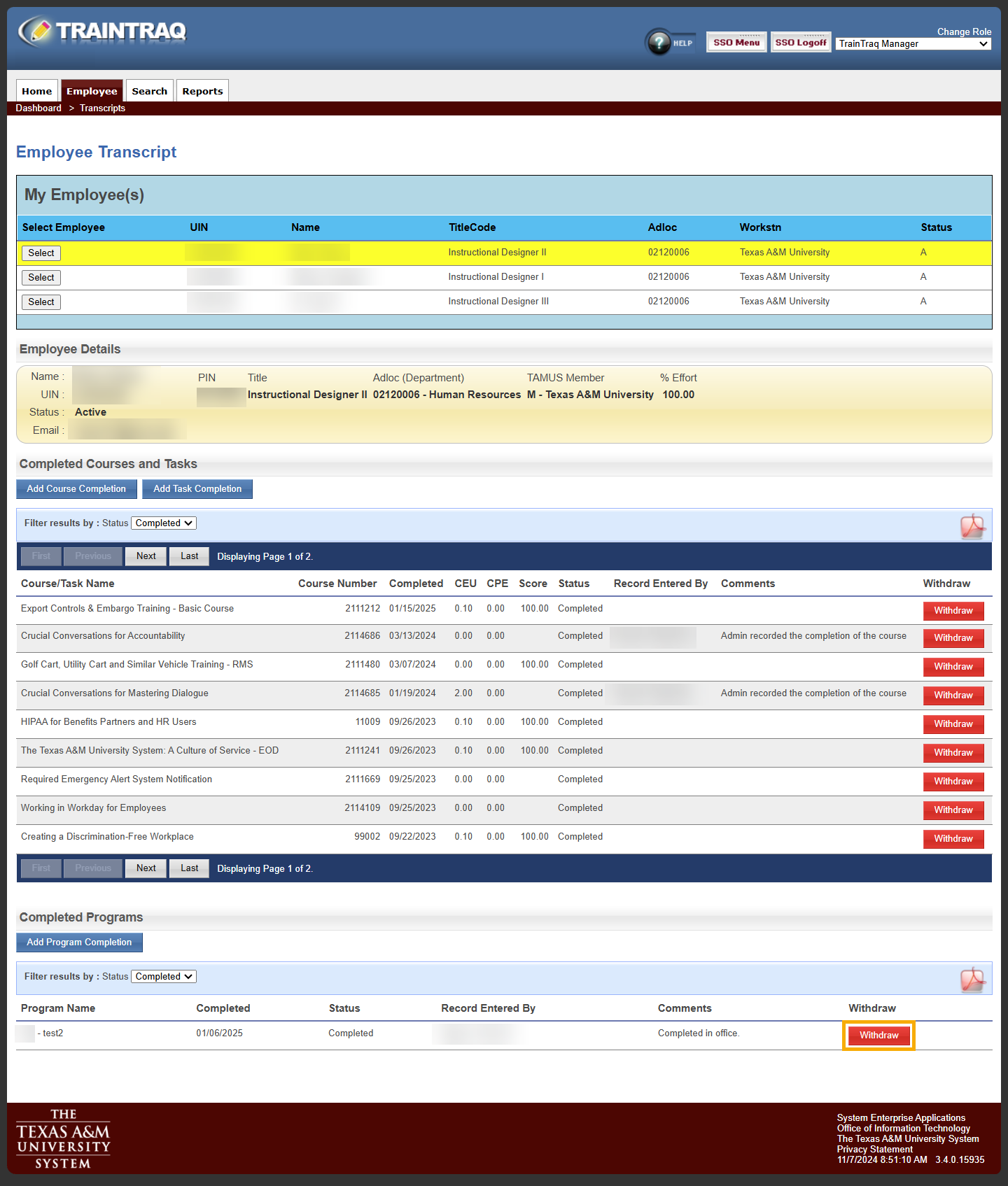 Manager view of the Employee Transcript page with the Withdraw button next to one of the programs in the Completed Programs section highlighted.