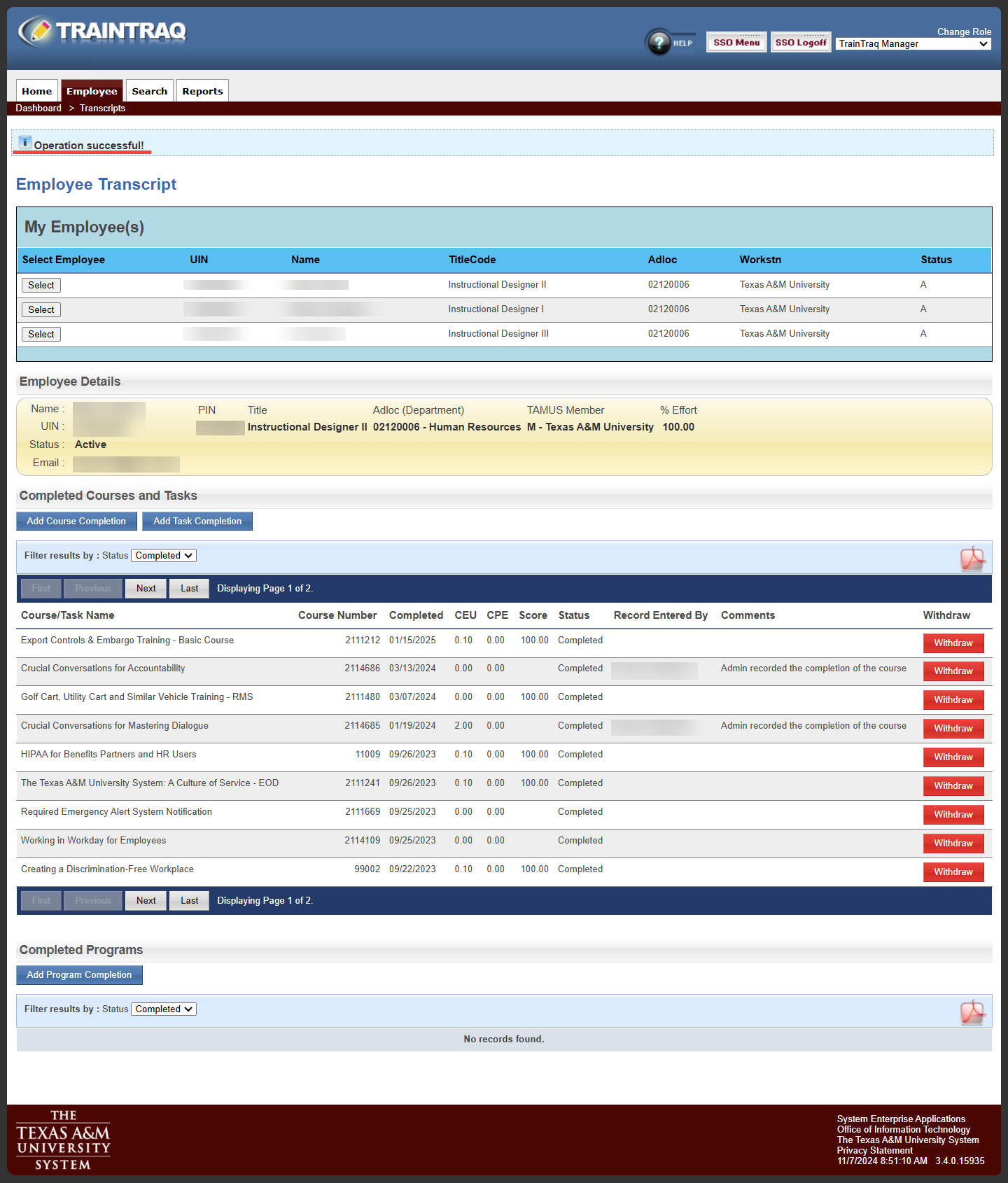 Manager view of the Employee Transcript page with the Operation Successful message highlighted.