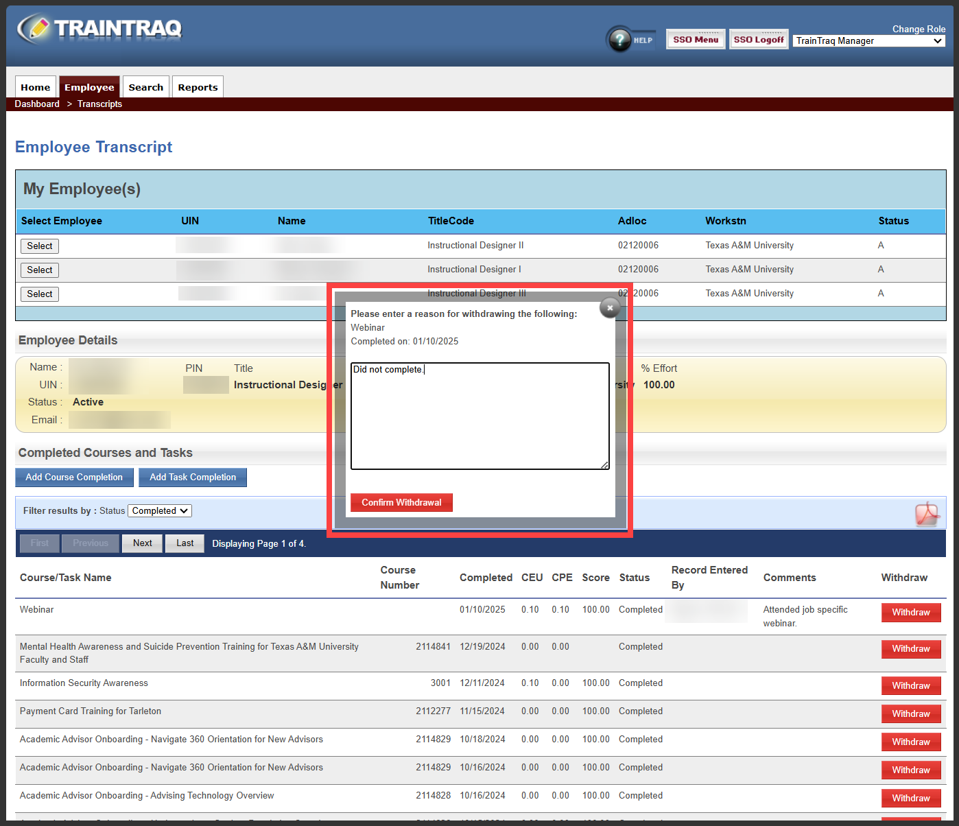 Manager view of the Employee Transcript page showing the pop-up that appears after clicking the Withdraw button.