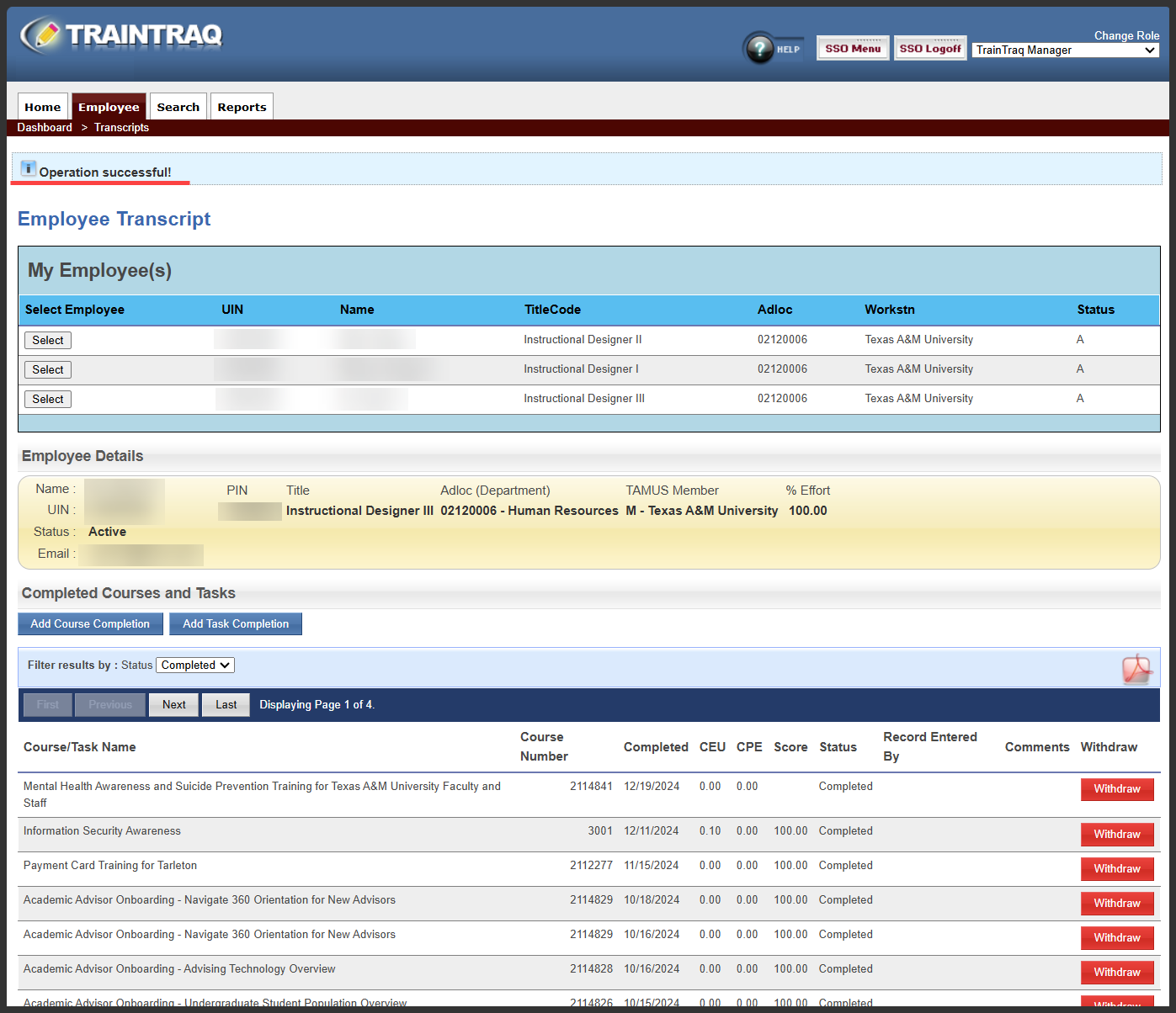 Manager view of the Employee Transcript page with the Operation successful message highlighted.