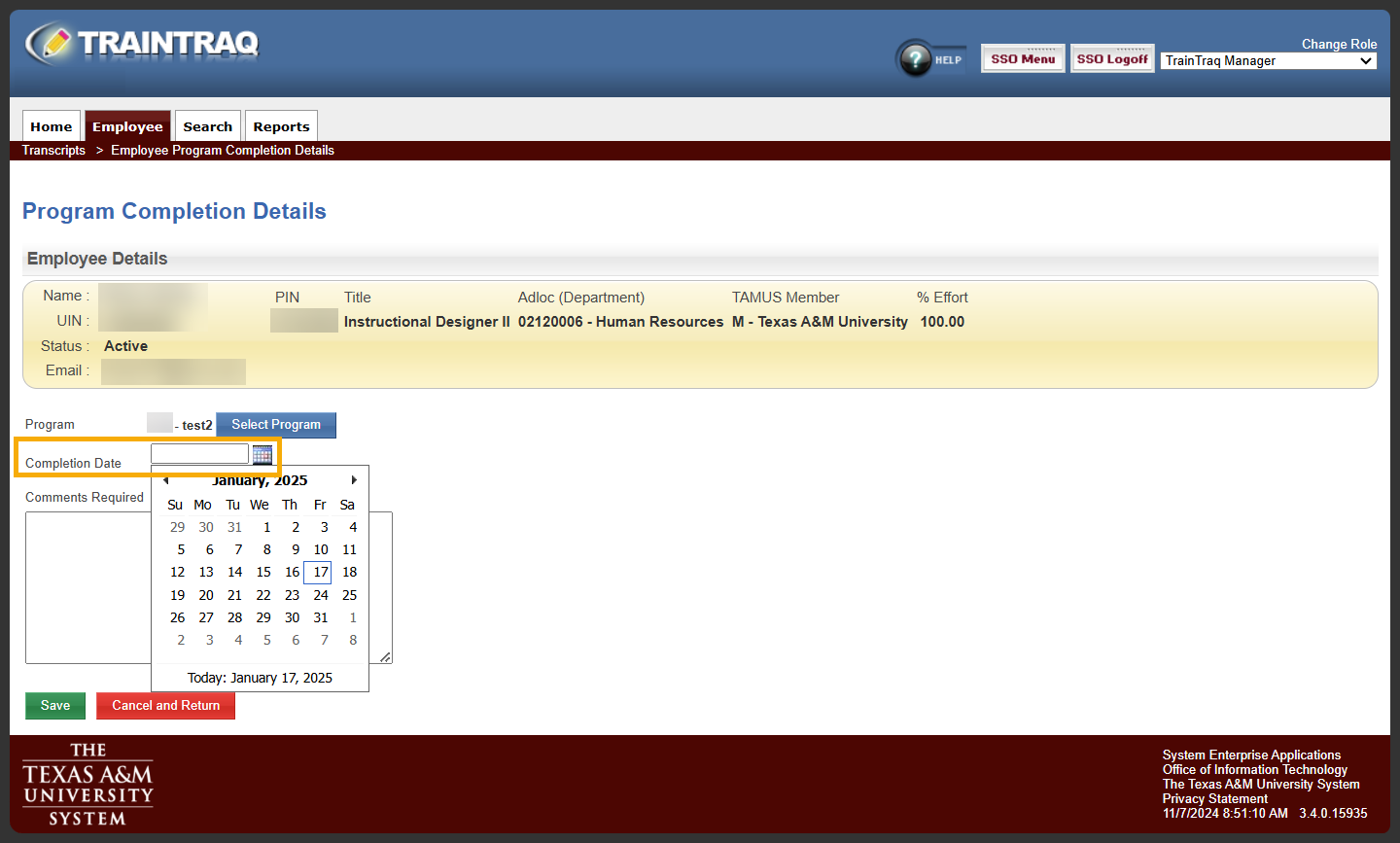 Manager view of the Program Completion Details page with the Completion Date field highlighted and the calendar drop-down showing.