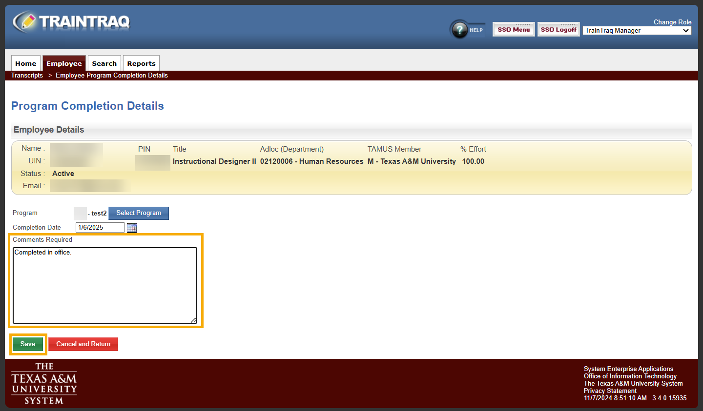 Manager view of the Program Completion Details page with the Comments Required field and Save button highlighted.